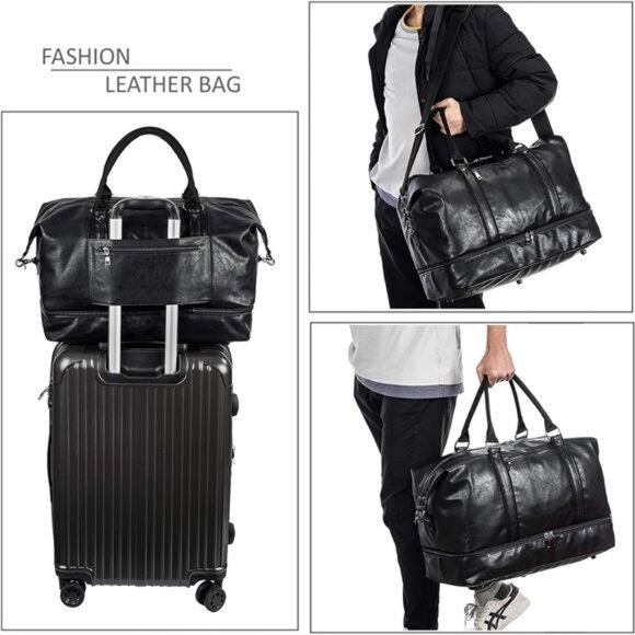 Leather Travel Bag with Shoe Pouch,Weekender Overnight Bag Waterproof PU Leather - Picture 6 of 8